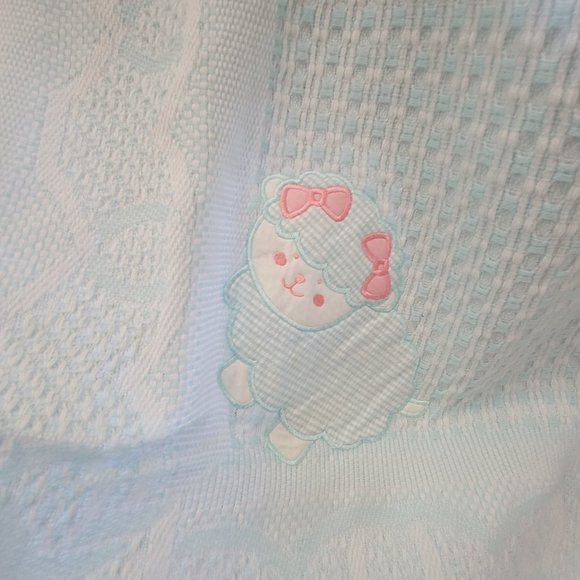 Vintage Baby Kisses Acrylic Made in Japan Baby Blanket Fringe Sheep Lamb Check - Picture 15 of 16